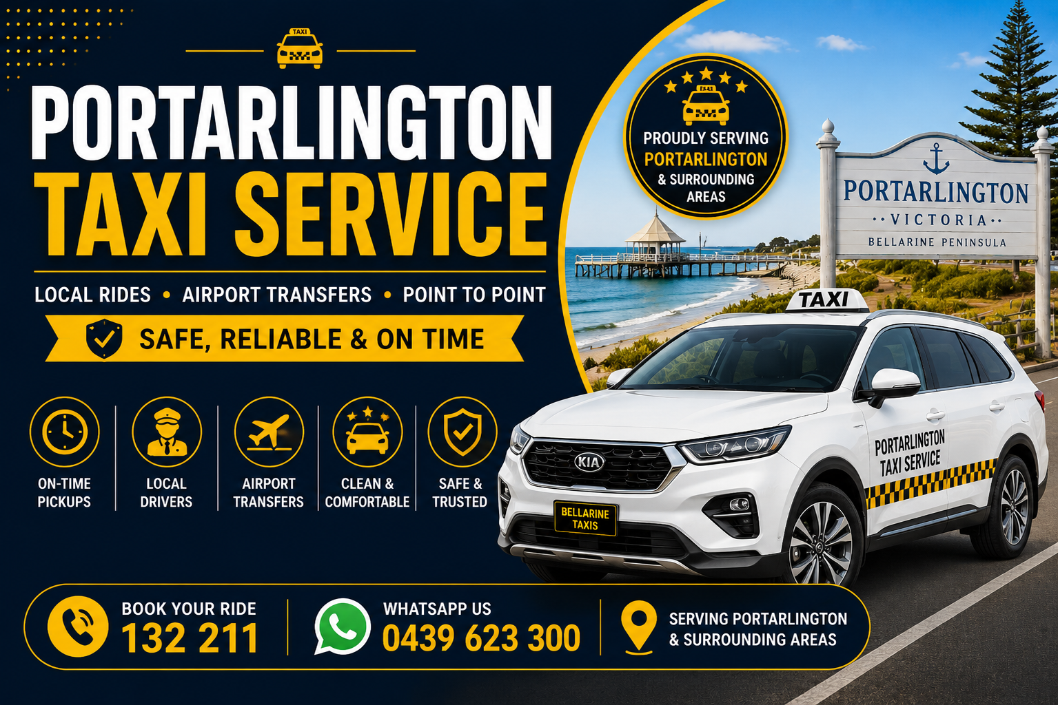 Portarlington taxi service by Bellarine Taxis providing ferry terminal transfers, airport transfers and local taxi transport.